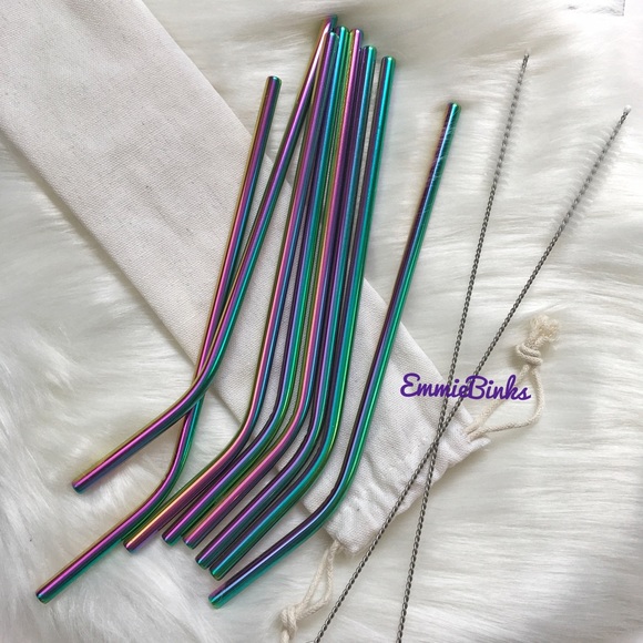 New Reusable Stainless Steel Oil Slick Holographic Tumbler Straw Set - Picture 3 of 14